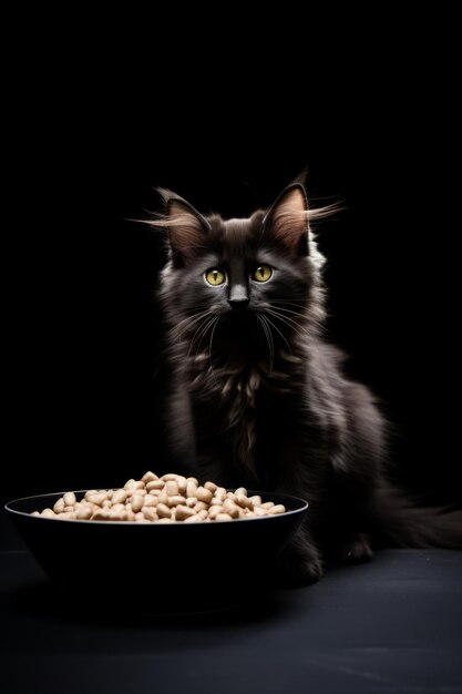 Majestic Black Cat z miską jedzenia na ciemnym tle
