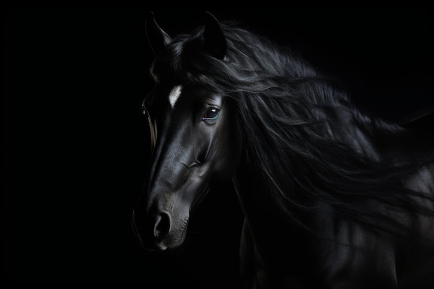 Majestic Black Horse na ciemnym tle Generatywna sztuczna inteligencja