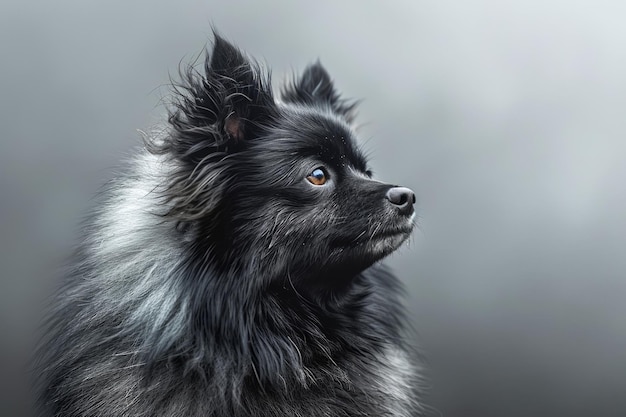 Majestic Black Pomeranian Dog Portrait z żywymi pomarańczowymi oczami na szarym tle