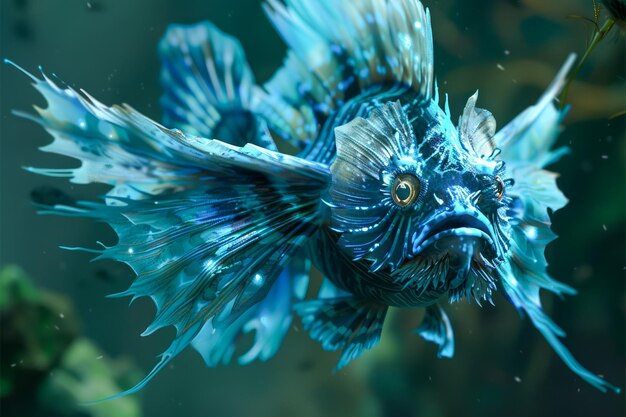 Zdjęcie majestic blue lionfish pływa wdzięcznie pod wodą z w pełni rozłożonymi płetwami i eleganckimi ruchami