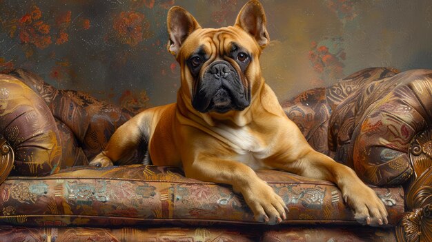 Majestic Boxer Dog leżący na starożytnej skórzanej kanapie w eleganckim vintage