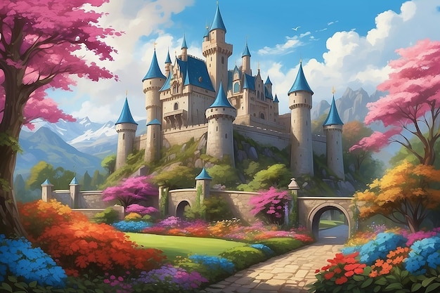 Majestic Castle Digital Painting otoczony kolorowymi kwiatami