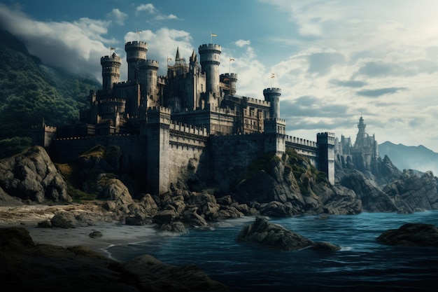 Majestic Castle on Rocky Cliffs by the Sea Generative AI