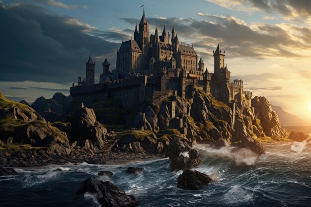 Majestic Castle on Rocky Cliffs by the Sea Generative AI