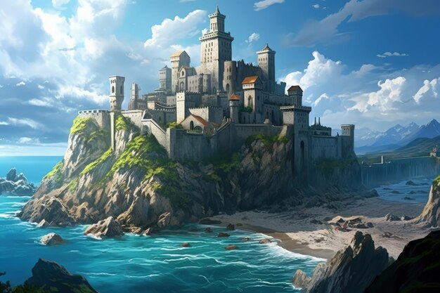 Majestic Castle On Rocky Cliffs By The Sea Generative Ai