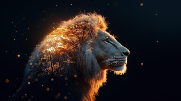 Majestic Double Exposure Portrait of a Lion in Profile Blending with a Sunset Forest Backdrop (Majestatyczny portret lwa w profilu łączący się z zachodem słońca w tle lasu)