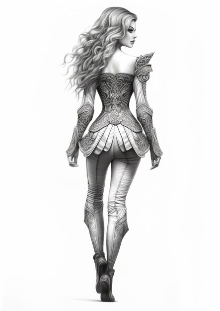 Majestic Elvin Female In Futuristic Victorian Armor Pencil Sketch