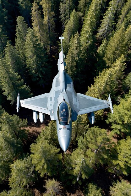Majestic F16 wznoszący się nad baldachimem lasu