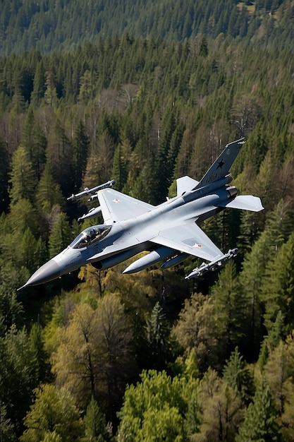 Majestic F16 wznoszący się nad baldachimem lasu