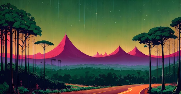 Majestic fantasy baśniowa sceneria leśna dżungla Cyfrowe malowanie tła Generative AI