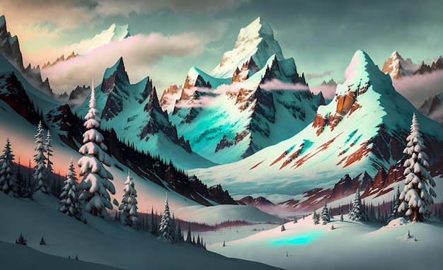 Majestic Fantasy Pokryte śniegiem góry Świecące neonowe kolory motywu krajobrazu ściana tła AI Generowane