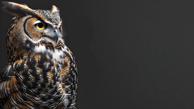 Zdjęcie majestic great horned owl portrait z intensywnym spojrzeniem na ciemnym tle doskonały dla tematów dzikiej przyrody