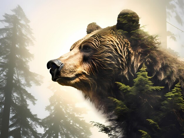 Majestic Grizzly Beautiful Bear Face przy Redwood Coast Redwood Tree