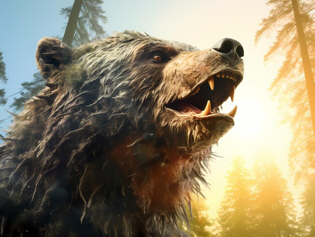 Majestic Grizzly Beautiful Bear Face przy Redwood Coast Redwood Tree