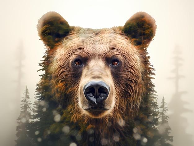 Zdjęcie majestic grizzly beautiful bear face przy redwood coast redwood tree