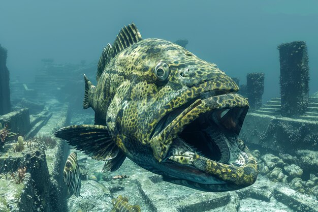 Majestic Grouper pływa nad rafami koralowymi w jasnej scenie podwodnej z zatopionymi budowłami