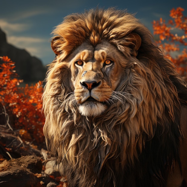 Majestic Lion potężny lew z płynącą grzywą stojący dumnie na sawannie