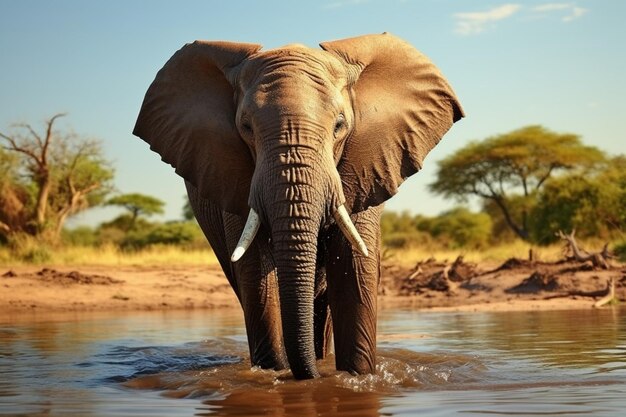 Majestic pachyderm afrykański słoń wdzięcznie hydratuje się przy studni