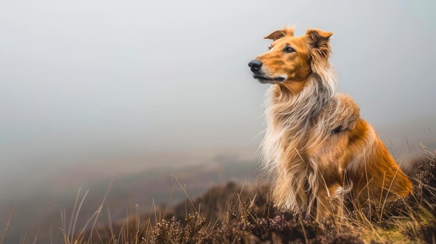 Majestic Rough Collie Dog stojący na mglistym zboczu wzgórza z spokojnym tłem przyrody Wysoka jakość