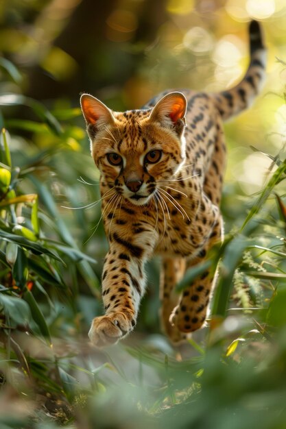 Majestic Spotted Wildcat w połowie skoku przez zielony las pod krzewami Pokaz zwinności kotów