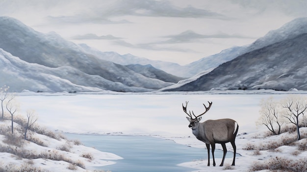 Majestic Winter Guardian Obraz olejny przedstawiający Ełk nad lodowatą rzeką Zainspirowany przez Landseera i Ingerle