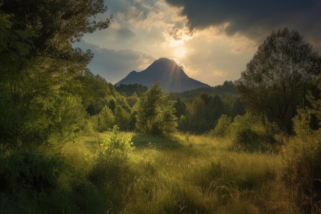 Majestoso pico de montaña numa paisagem verdejante generative IA