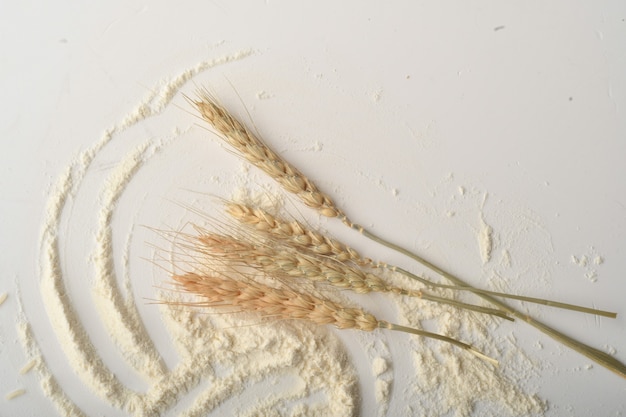 Mąka, pszenica, ryż, rodzynki i monety na białym tle