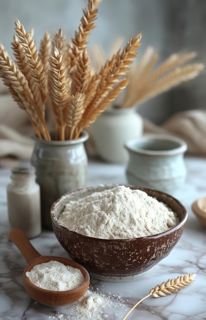 Mąka w drewnianej misce z pszenicą na marmurowym tle