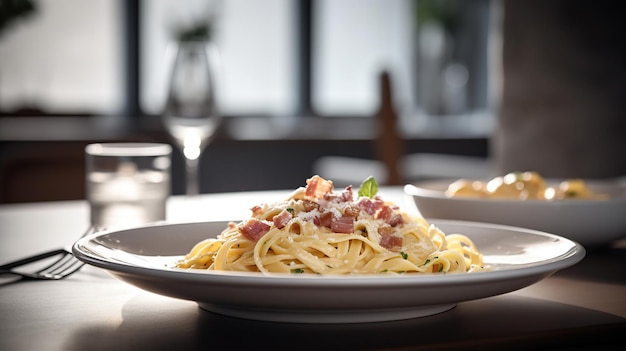 Makaron carbonara w białym talerzu na stole w restauracji