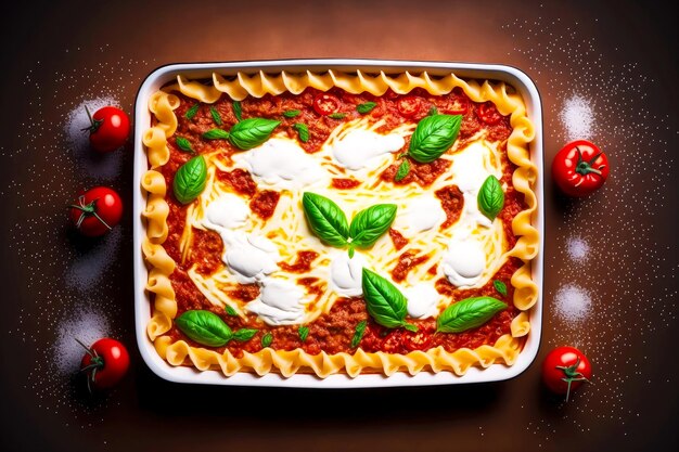 Makaron lasagne w naczyniu do pieczenia z mięsem mielonym parmezanem mozzarella i pomidorami