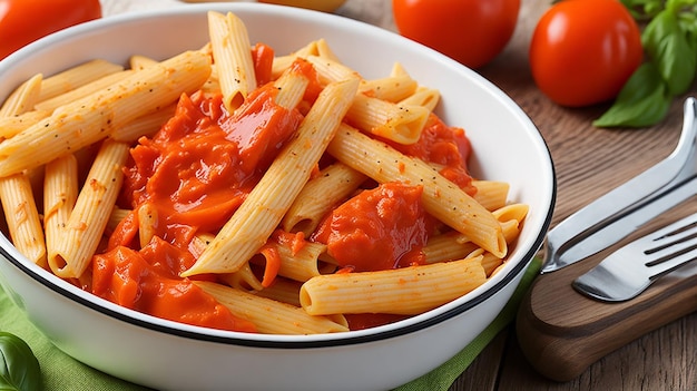 Makaron Penne w sosie pomidorowym z kurczakiem i pomidorami na drewnianym stole