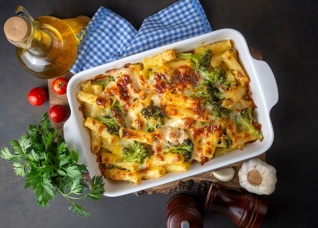 Makaron pieczony z brokułem i kurczakiem Ser brokułowy i sos gratin na pieczonym makaronie penne