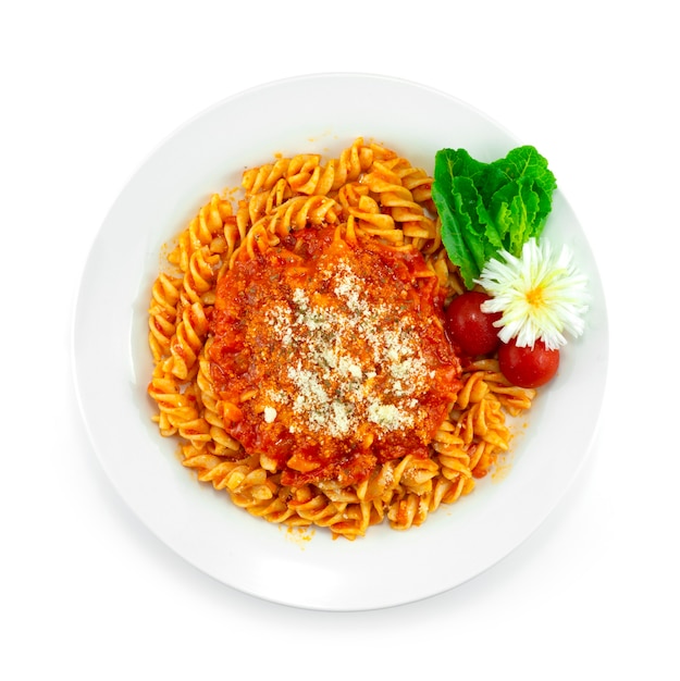 Makaron Pikantne Pomidory Sos Posyp Parmezanem Włoskie Danie Fusion