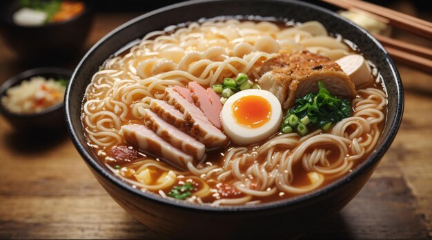 Makaron ramen z jajeczną wieprzowiną i warzywami