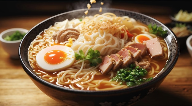 Makaron ramen z jajeczną wieprzowiną i warzywami