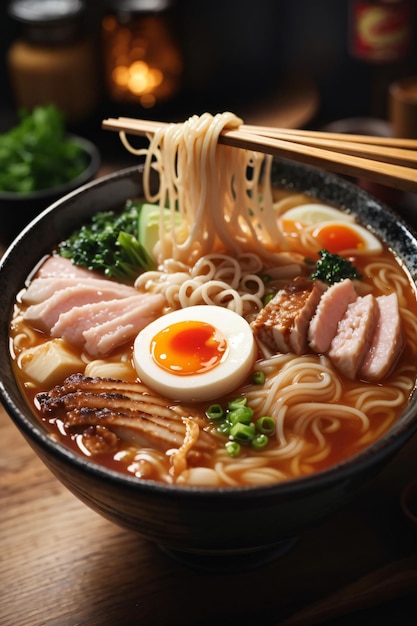 Makaron ramen z jajeczną wieprzowiną i warzywami