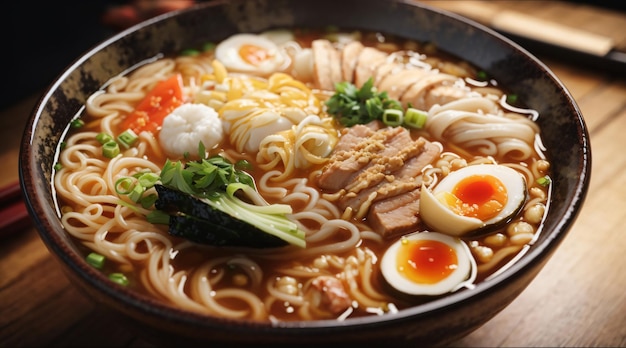 Makaron ramen z jajeczną wieprzowiną i warzywami