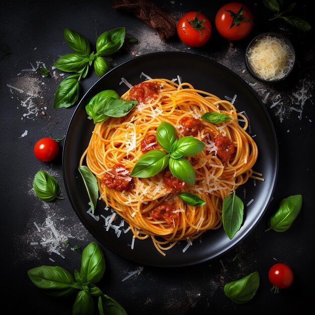 Makaron Spaghetti Bolognese w białym talerzu na szarym tle Sos boloński to klasyczny włoski