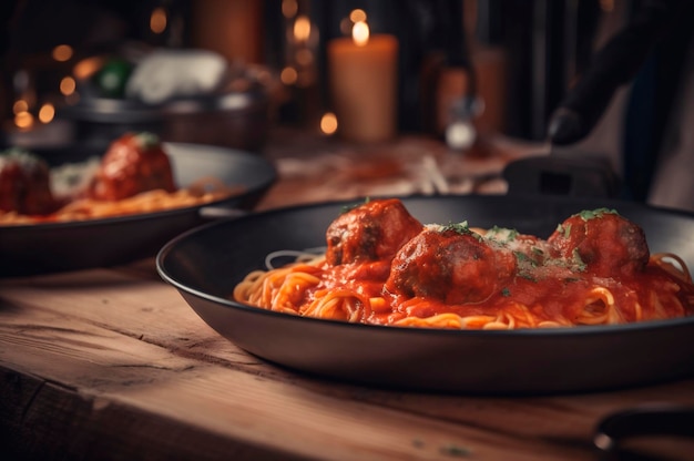 Makaron spaghetti z klopsikami w domowym sosie pomidorowym na drewnianym stole generowany przez AI
