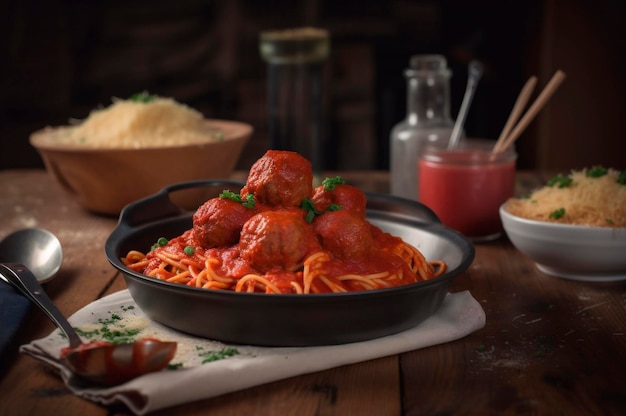 Makaron spaghetti z klopsikami w domowym sosie pomidorowym na drewnianym stole generowany przez AI