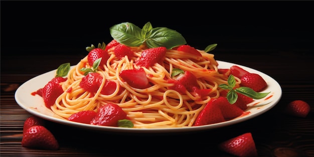 makaron spaghetti z owocami truskawek