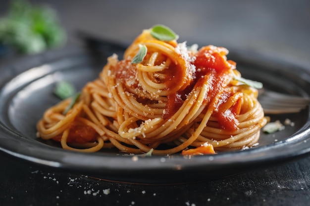 Makaronowe spaghetti z sosem pomidorowym i serem podawane na talerzu