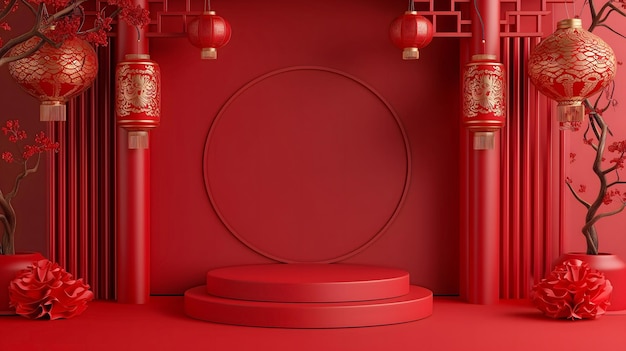 Makieta 3d chiński nowy rok sprzedaży czerwone tło podium do prezentacji produktu