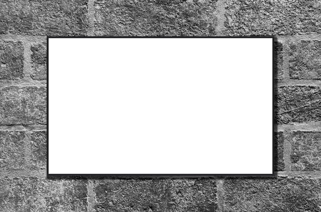 Makieta biała ramka na czarnym tle ściany z cegły ze ścieżką przycinającą