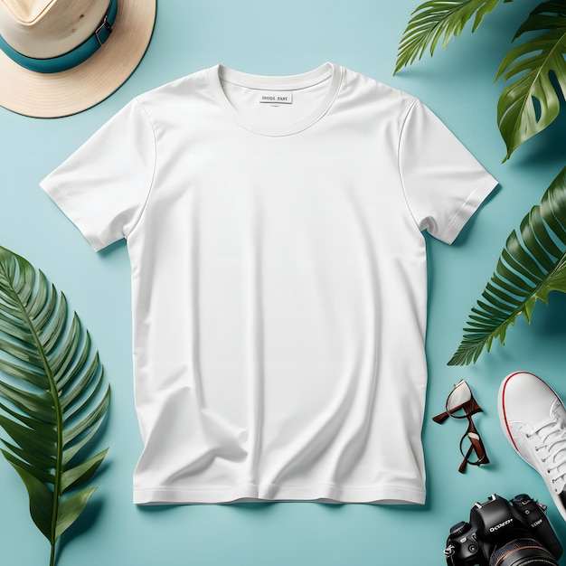 Makieta białej koszulki na niebieskim tle z tropikalnymi liśćmi i akcesoriami