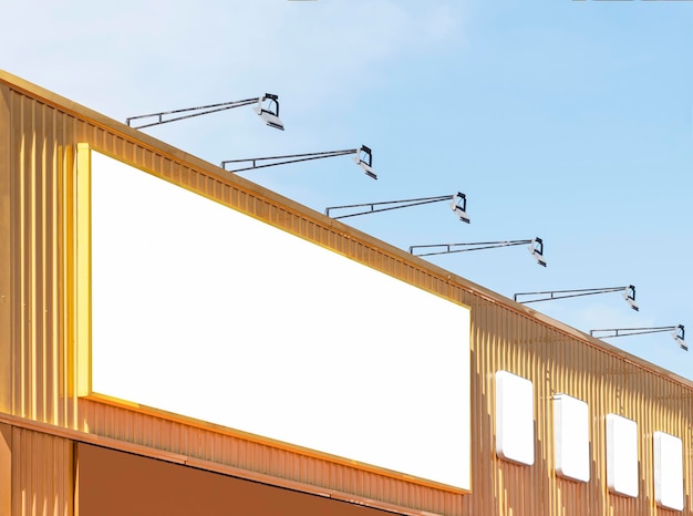 Makieta billboardu z białym tłem na żółtym budynku ze światłem punktowym
