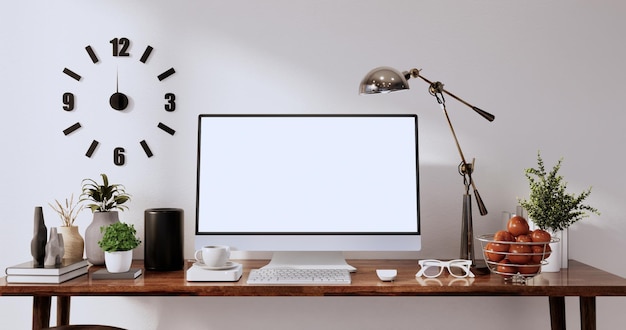 Makieta biurka stół biurowy pusty ekran komputera w biurze nowoczesny pokój renderowania 3d
