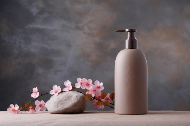 Makieta butelki kosmetycznej inspirowana naturą, bez etykiety, otoczona różowymi kwiatami i elementami ziemi
