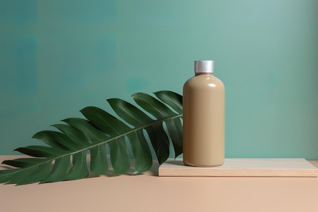 Makieta butelki kosmetyków do projektowania reklam z zielonymi tropikalnymi liśćmi i tłem