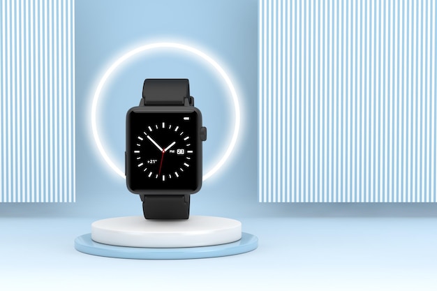 Makieta czarnego nowoczesnego inteligentnego zegarka na górze sceny prezentacji produktu lub renderowania 3d na cokole
